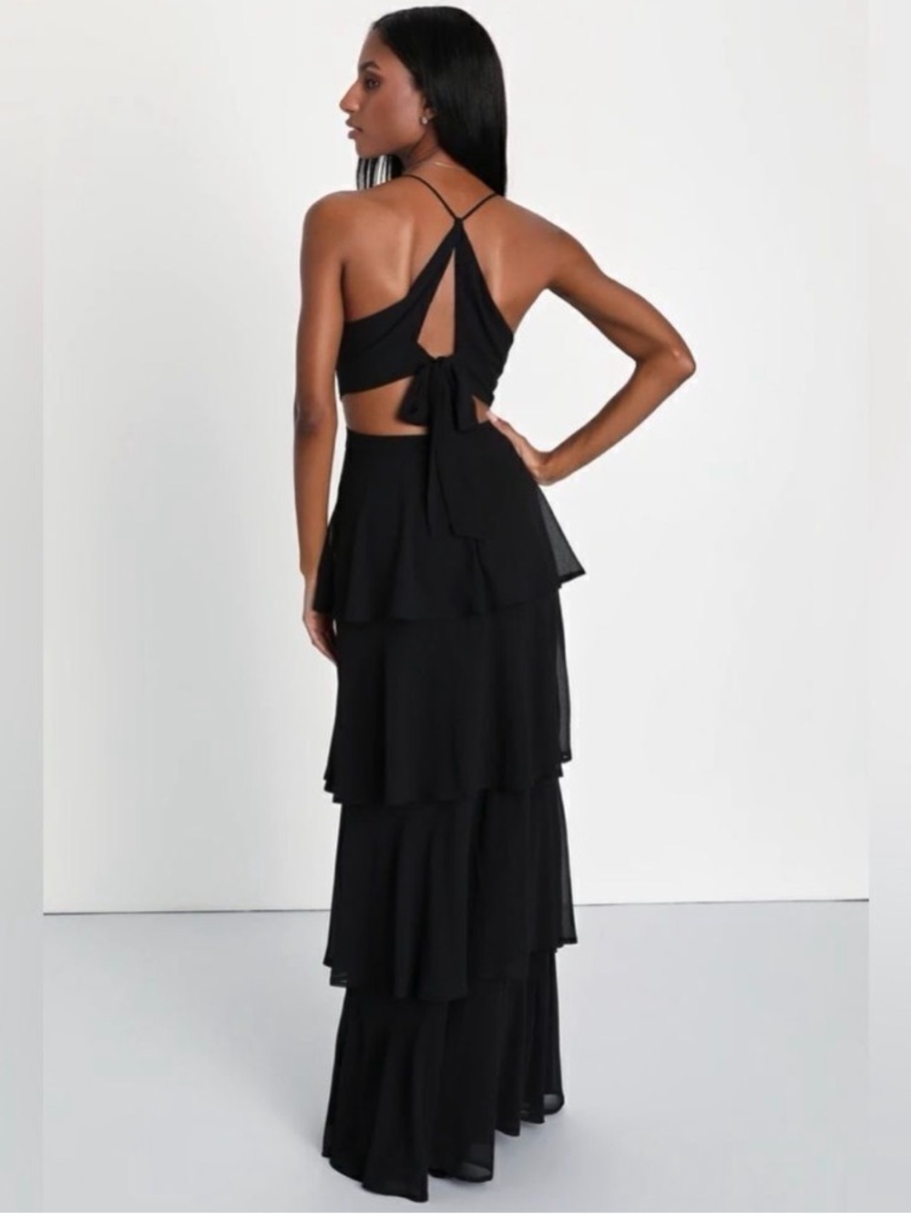 Lulus Tier and Now NWT size Small Black Tie-Back Tiered Maxi Dress - Picture 2 of 13